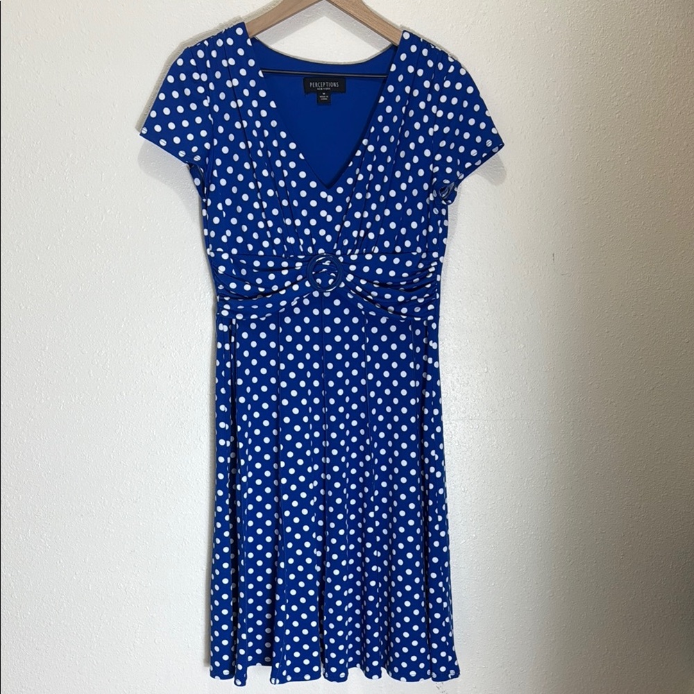 Perceptions Blue Polka Dot Dress, Size M